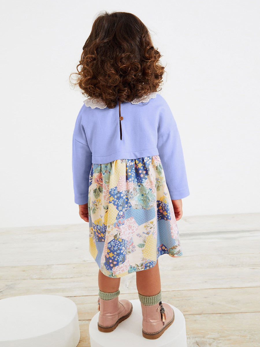 Spring Baby Girls Kids Long Sleeve Dress featuring cartoon patchwork design in vibrant purple color, perfect for spring and autumn wear.