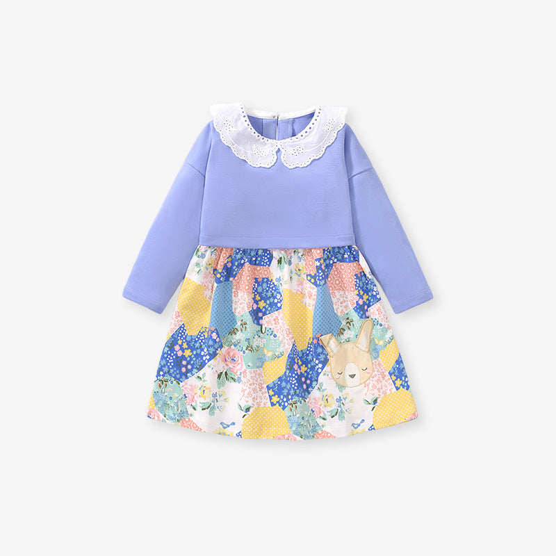 Spring Baby Girls Kids Long Sleeve Dress featuring cartoon patchwork design in vibrant purple color, perfect for spring and autumn wear.
