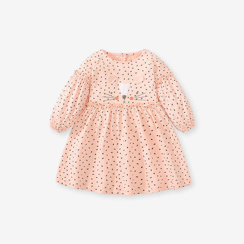 A cute pink polka dot dress for baby girls featuring a playful cat design, perfect for spring and autumn wear.