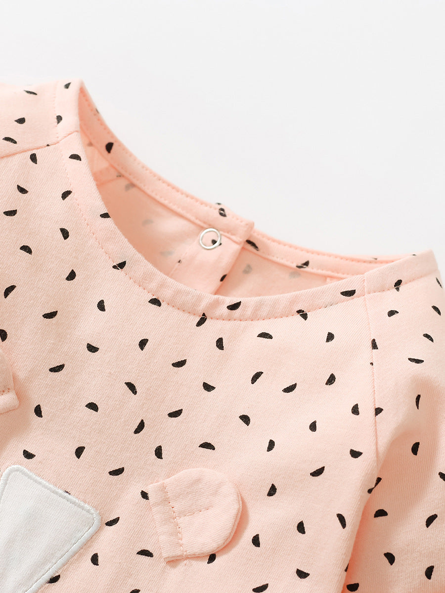 A cute pink polka dot dress for baby girls featuring a playful cat design, perfect for spring and autumn wear.