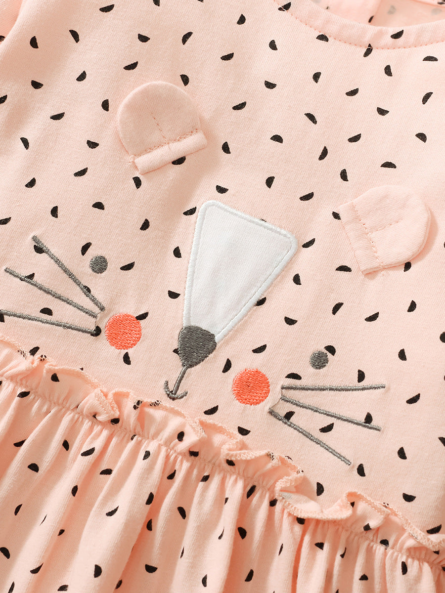 A cute pink polka dot dress for baby girls featuring a playful cat design, perfect for spring and autumn wear.