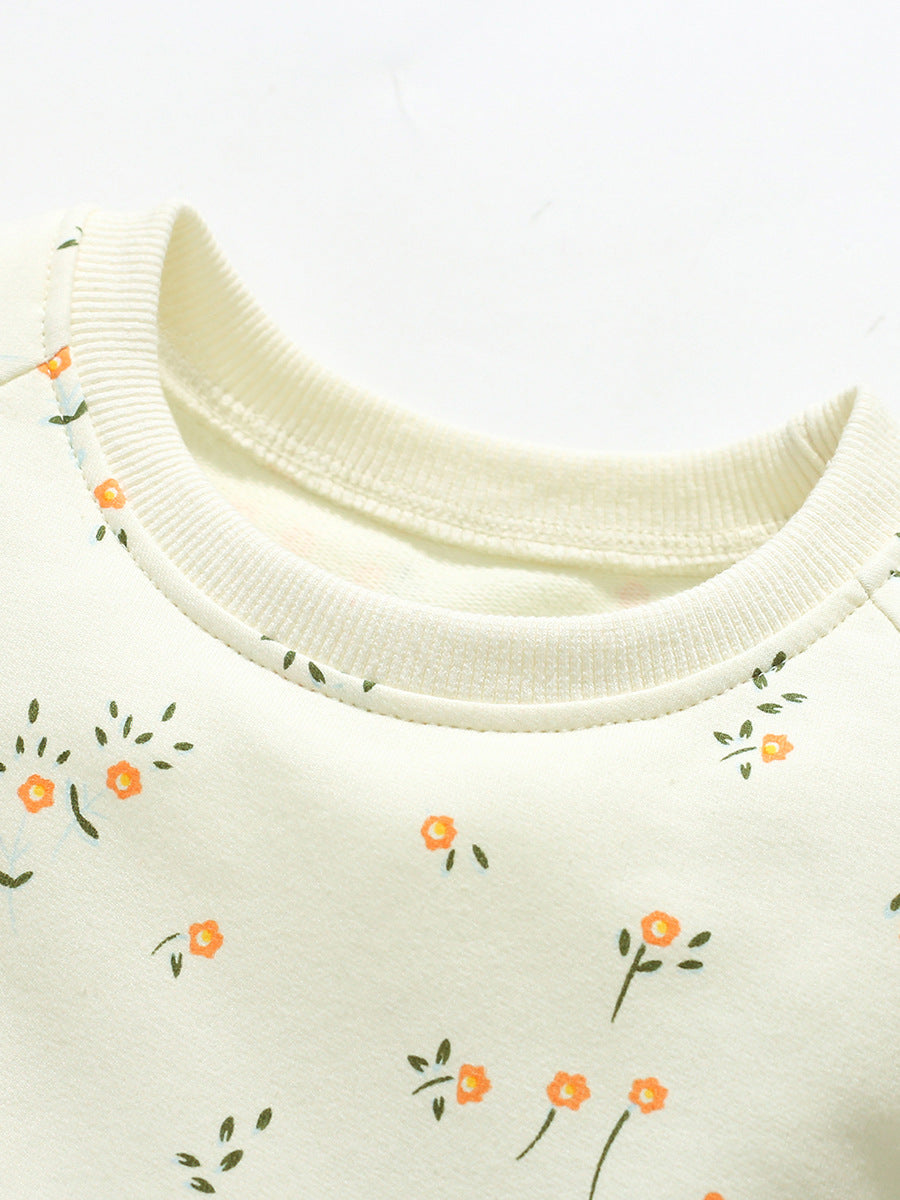 Spring Baby Girls Long Sleeve Floral Elements Logo Beige Princess top featuring a floral design, made from soft cotton, suitable for spring and autumn.