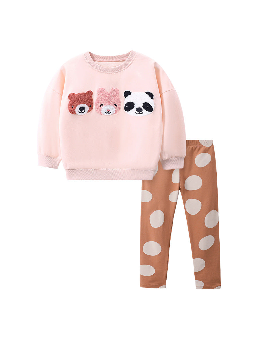 Spring Baby Girls Animals Embroidery Long Sleeves Pullover in pink with cute animal designs and polka dots.