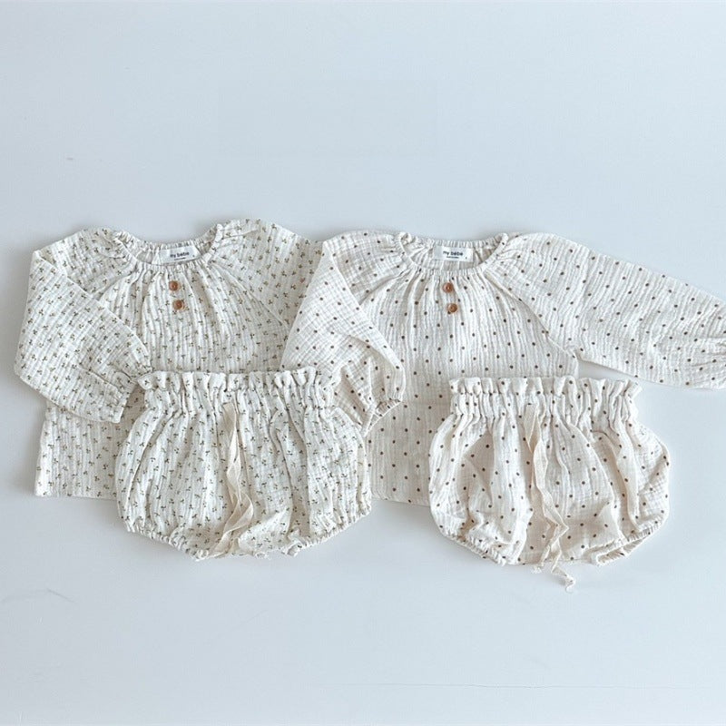 Spring Baby Kids Girls Dots and Floral Long Sleeves Top with Shorts in white and beige colors, made from soft cotton fabric.