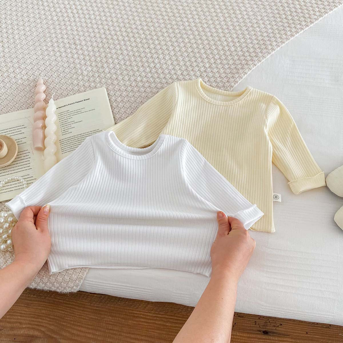 Spring Baby Girls Long Sleeves Sweatshirt in pink and beige, featuring polka dot and plain designs, made from soft cotton and polyester.