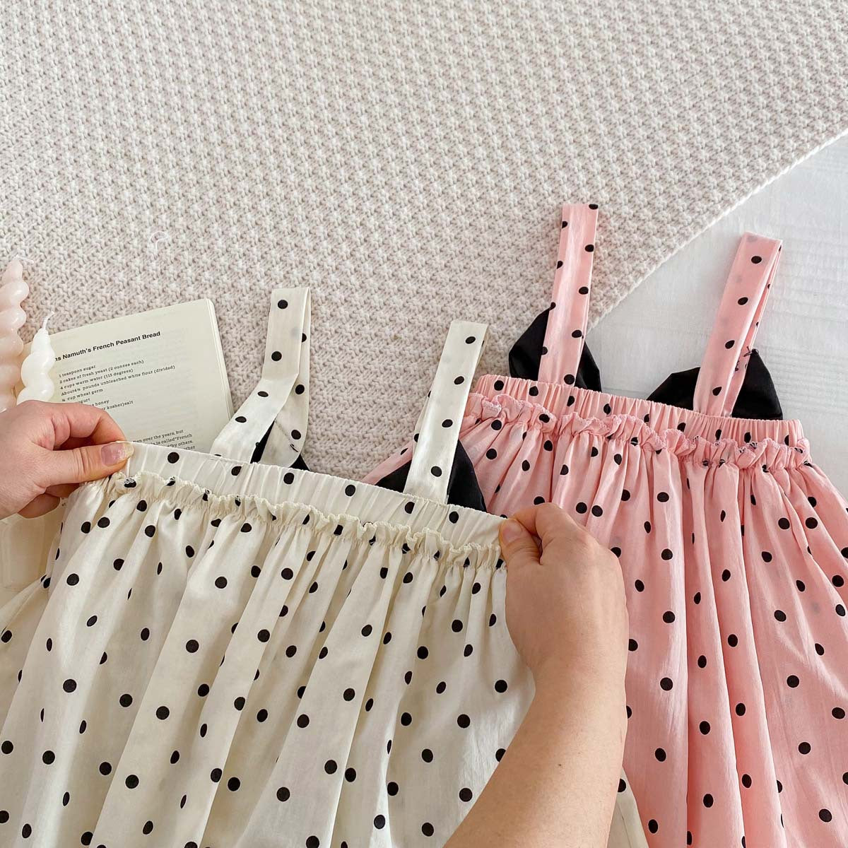 Spring Baby Girls Long Sleeves Sweatshirt in pink and beige, featuring polka dot and plain designs, made from soft cotton and polyester.