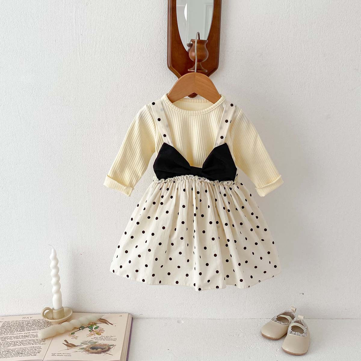 Spring Baby Girls Long Sleeves Sweatshirt in pink and beige, featuring polka dot and plain designs, made from soft cotton and polyester.