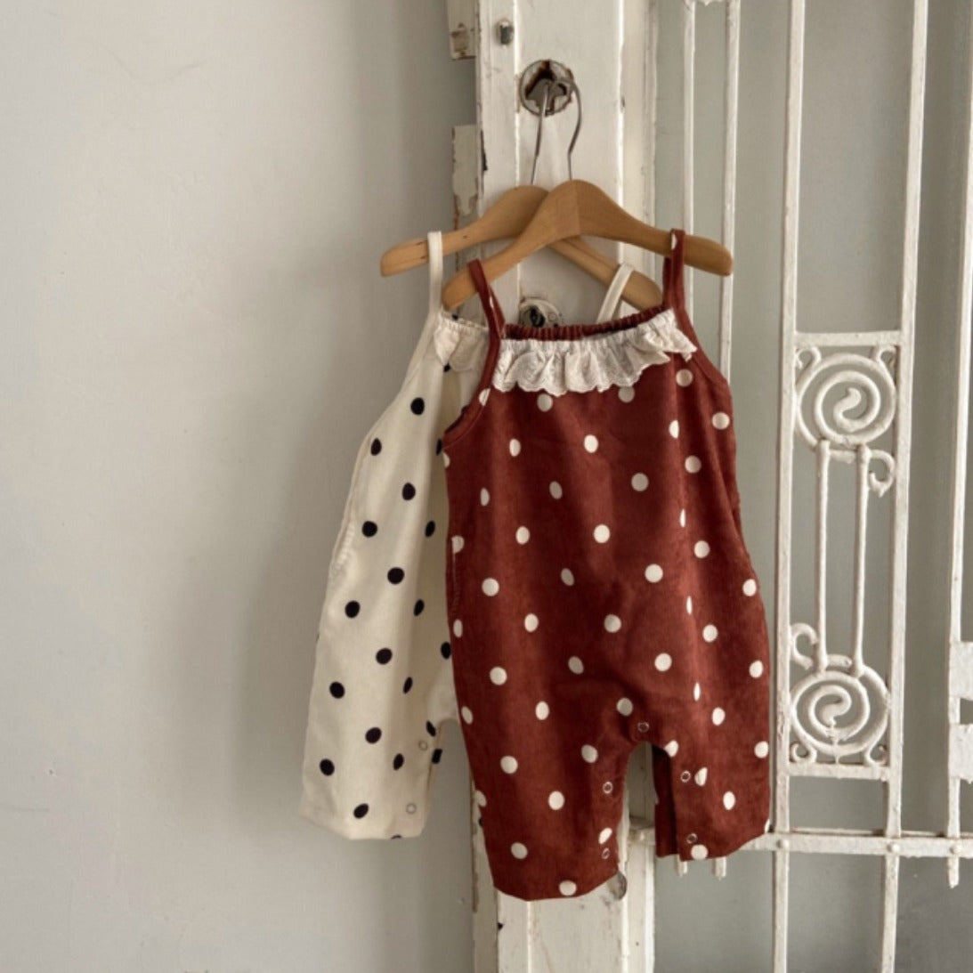 Spring Baby Kids Girls Polka Dots Overalls Design Romper in red and beige, featuring a playful polka dot pattern, perfect for warm weather.