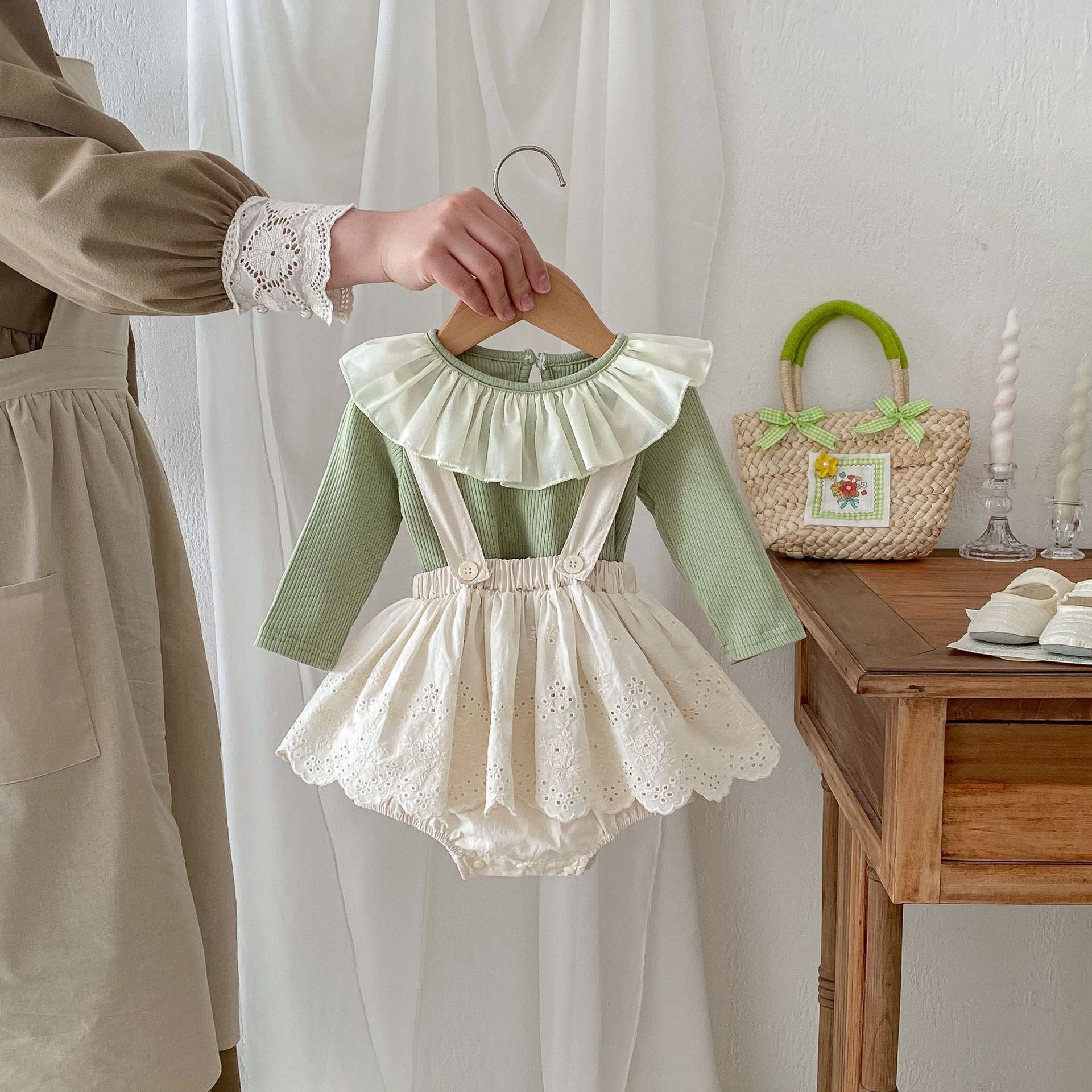Spring Baby Girls Solid Color Overalls in green and beige, made from soft cotton, perfect for spring and autumn wear.