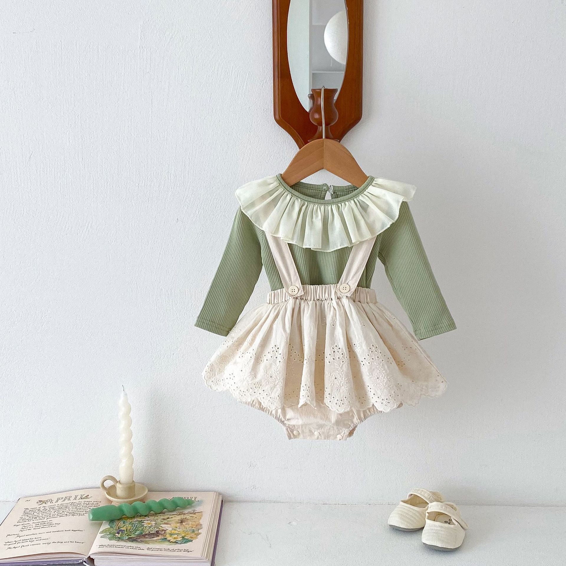 Spring Baby Girls Solid Color Overalls in green and beige, made from soft cotton, perfect for spring and autumn wear.