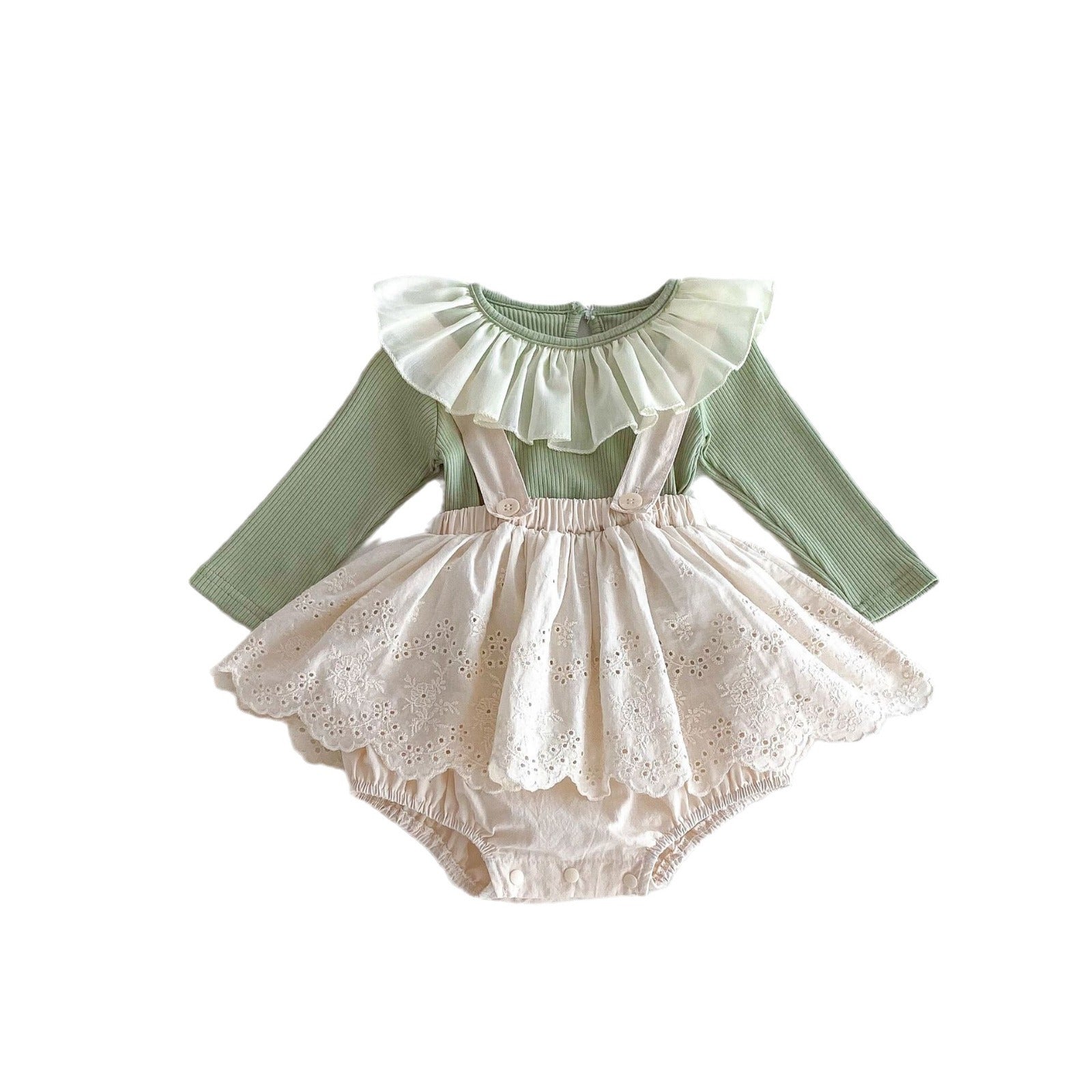 Spring Baby Girls Solid Color Overalls in green and beige, made from soft cotton, perfect for spring and autumn wear.