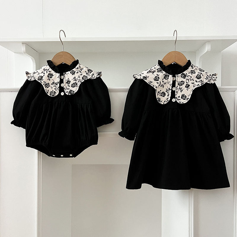Spring Baby Girls Vintage Floral Pattern Long Sleeves Onesies in black and beige colors, made from soft cotton material.