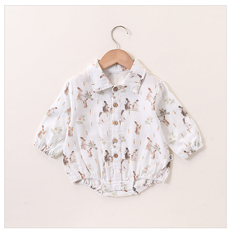 Spring Baby Kids Unisex Onesies featuring a cute cartoon rabbits pattern in beige and apricot colors, perfect for toddlers.