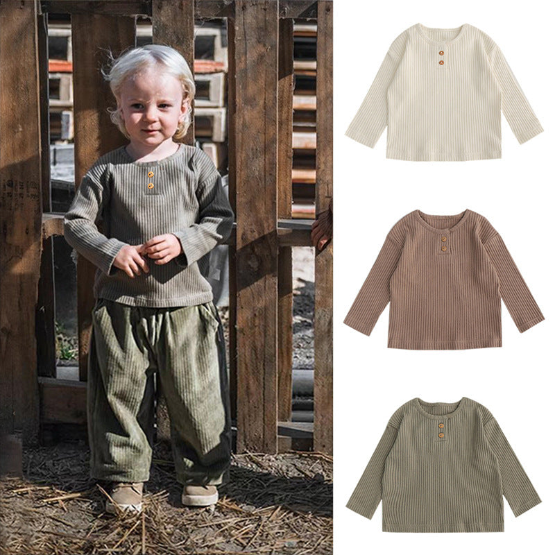 Spring Baby Kids Unisex Solid Color Crew Neck Top and Pants in green, beige, and coffee colors, suitable for boys and girls.