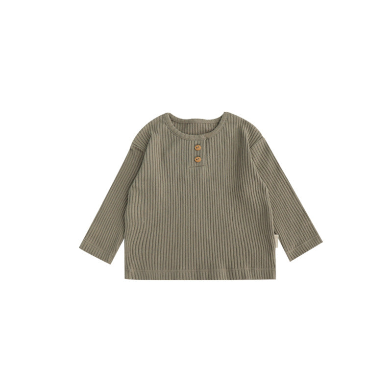 Spring Baby Kids Unisex Solid Color Crew Neck Top and Pants in green, beige, and coffee colors, suitable for boys and girls.