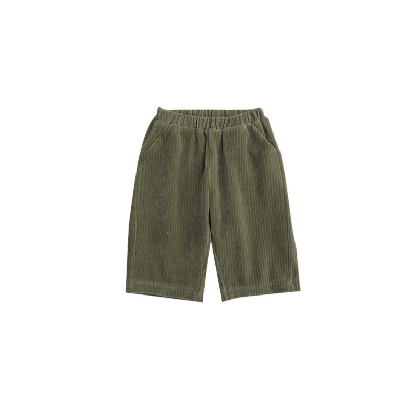 Spring Baby Kids Unisex Solid Color Crew Neck Top and Pants in green, beige, and coffee colors, suitable for boys and girls.