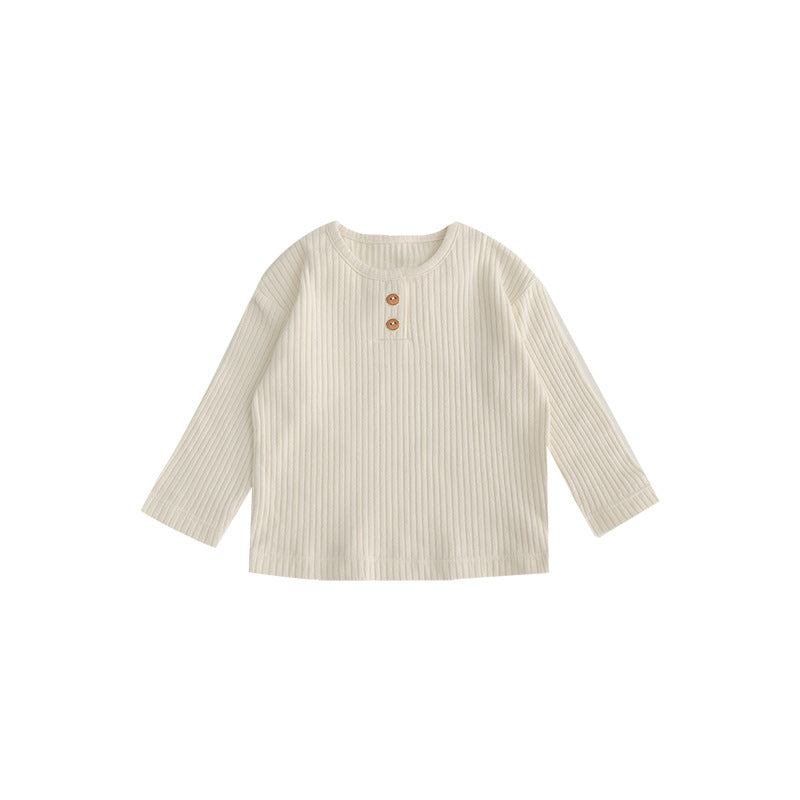 Spring Baby Kids Unisex Solid Color Crew Neck Top and Pants in green, beige, and coffee colors, suitable for boys and girls.