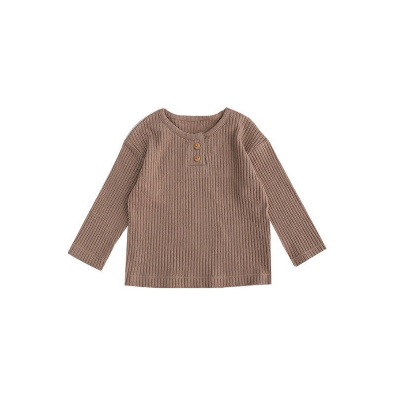 Spring Baby Kids Unisex Solid Color Crew Neck Top and Pants in green, beige, and coffee colors, suitable for boys and girls.