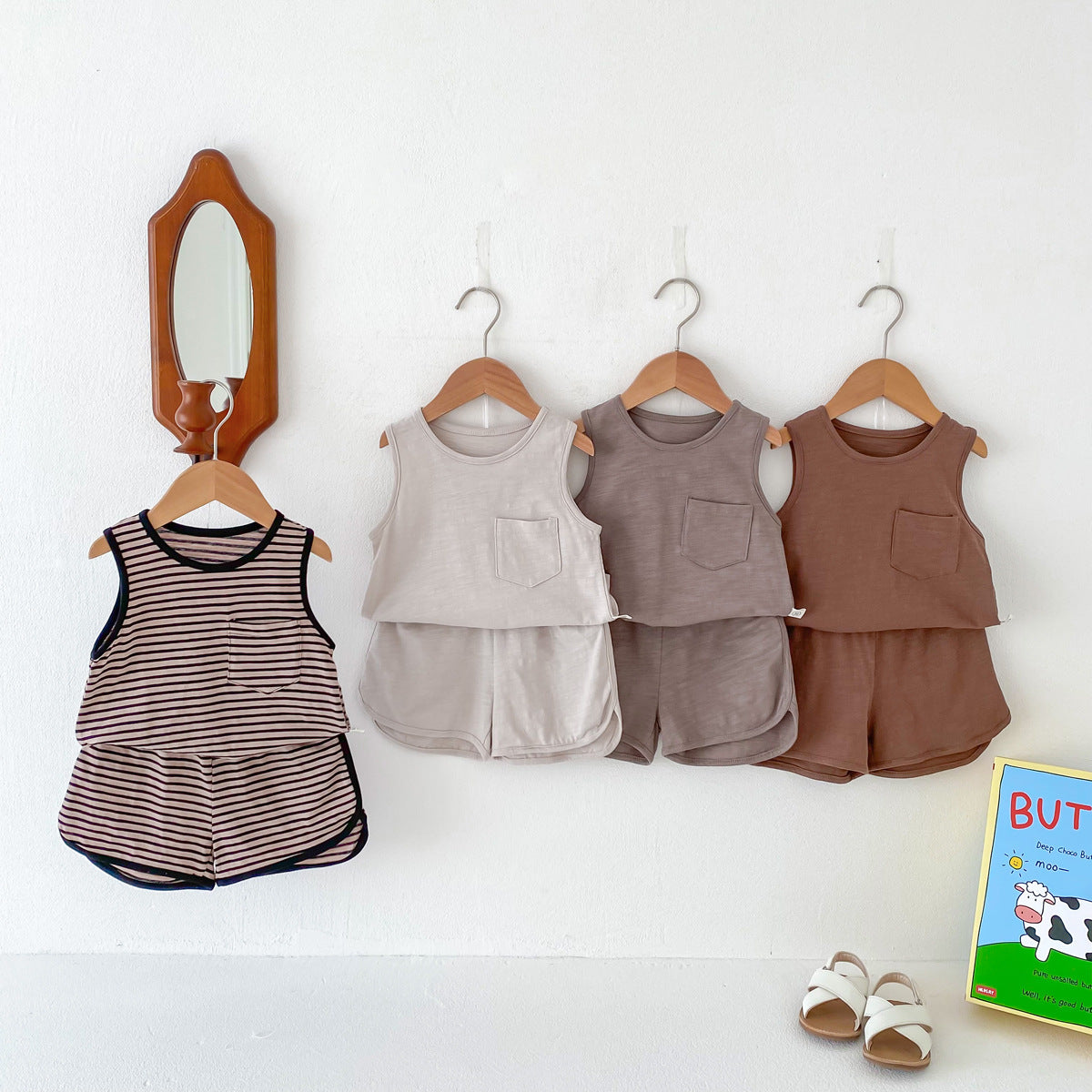 Spring Baby Kids Unisex Top Sleeveless Vest and Shorts Clothing Set in Grey, Khaki, Beige, and Coffee colors, suitable for boys and girls.