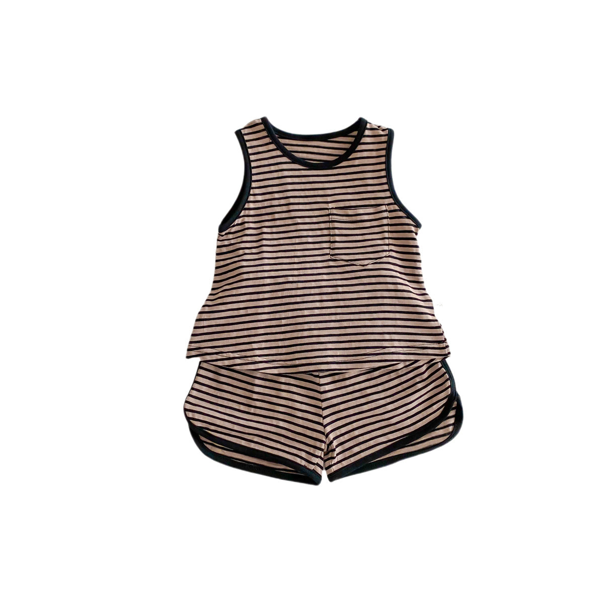 Spring Baby Kids Unisex Top Sleeveless Vest and Shorts Clothing Set in Grey, Khaki, Beige, and Coffee colors, suitable for boys and girls.