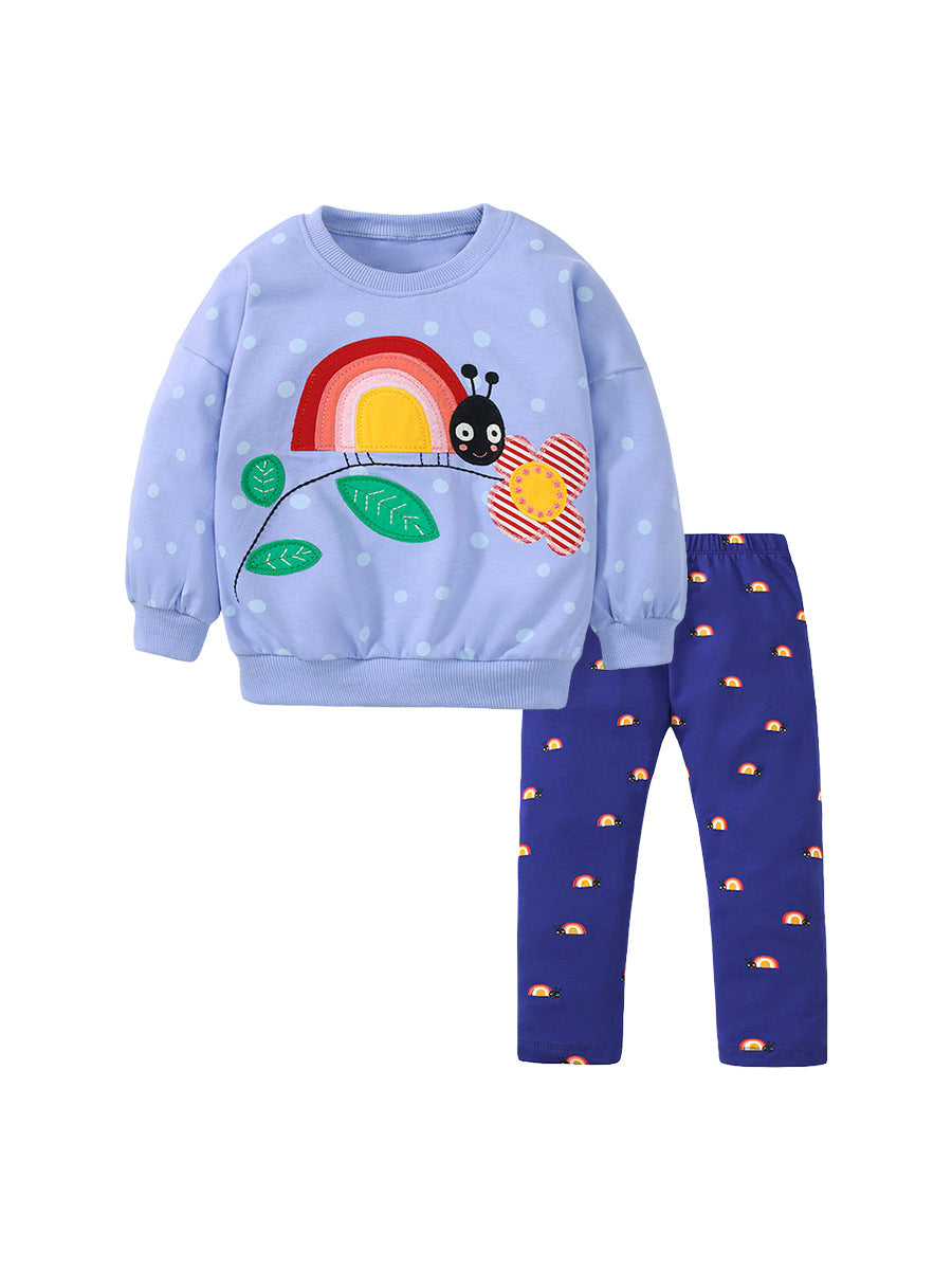 Spring Girls Insect Cartoon Top Pullover and Pants 2-Piece Set in blue, featuring a playful insect design and floral patterns, perfect for young girls.