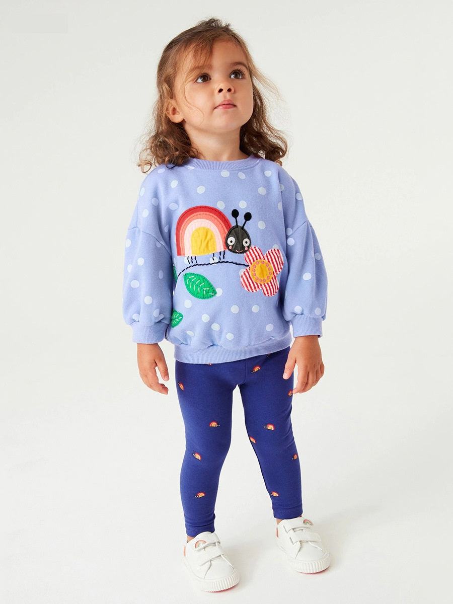 Spring Girls Insect Cartoon Top Pullover and Pants 2-Piece Set in blue, featuring a playful insect design and floral patterns, perfect for young girls.