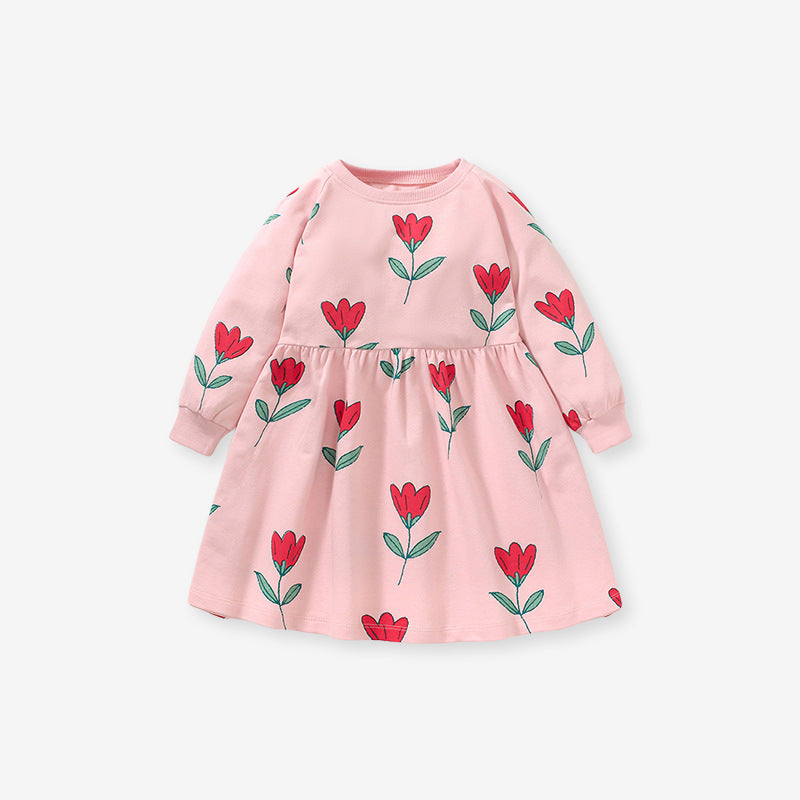 A beautiful pink long sleeve dress for girls featuring a floral pattern, perfect for spring and autumn wear.