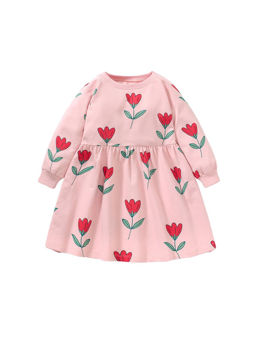 A beautiful pink long sleeve dress for girls featuring a floral pattern, perfect for spring and autumn wear.