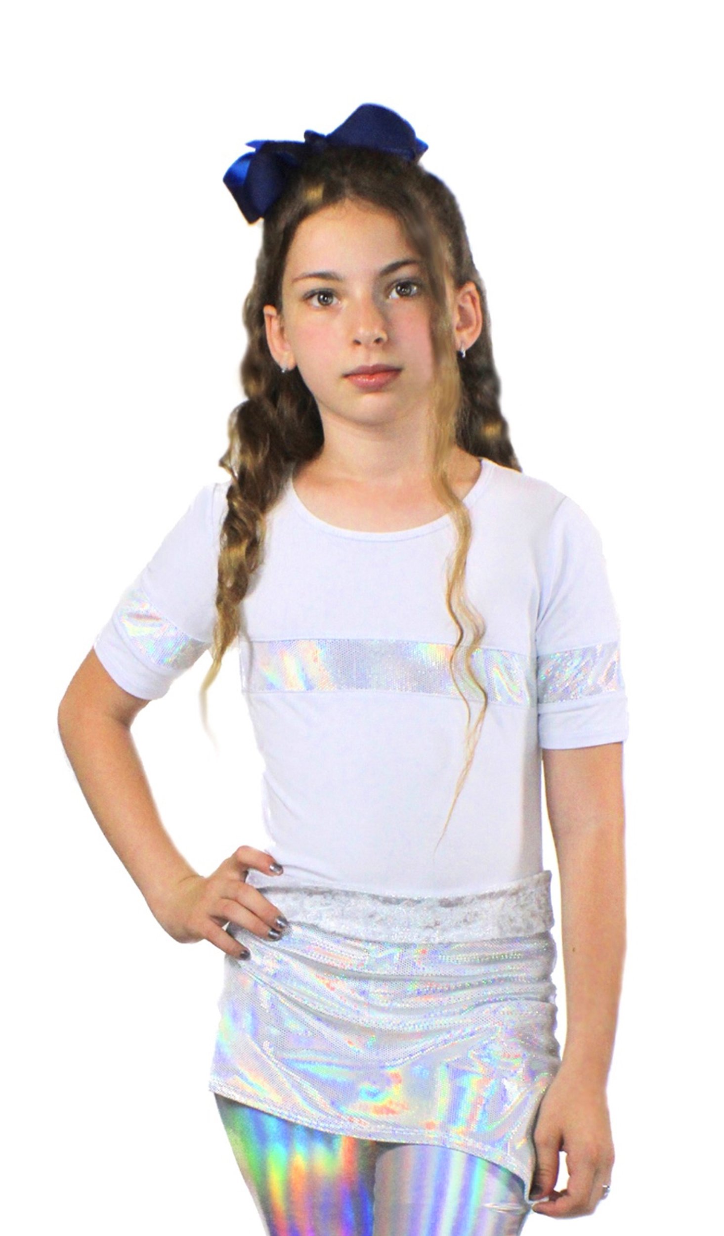 Stella top featuring soft bamboo jersey fabric with holographic sequins forming a Saturn belt stripe, perfect for stylish comfort.