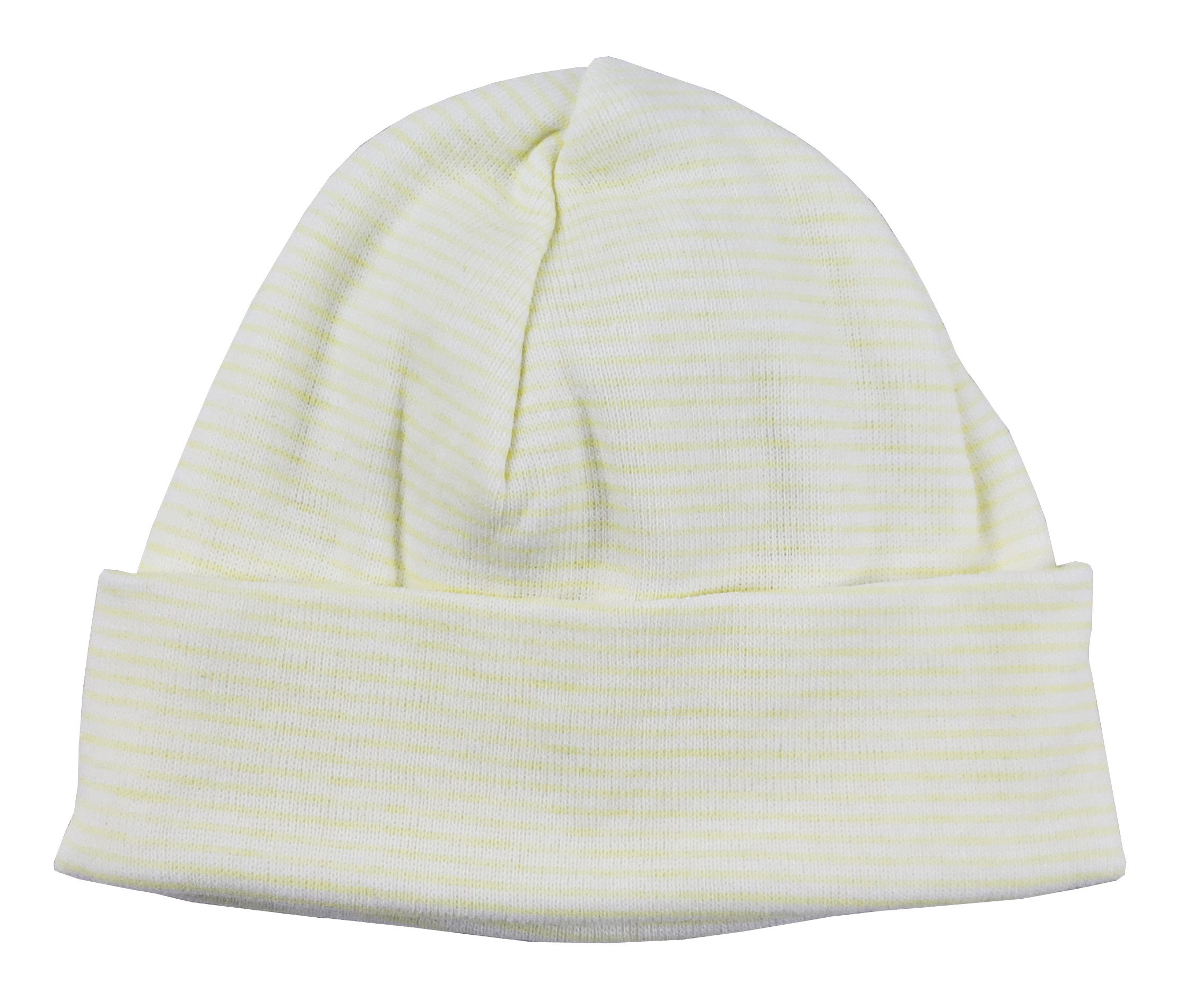 Pastel yellow striped baby cap made of soft cotton, perfect for infants.