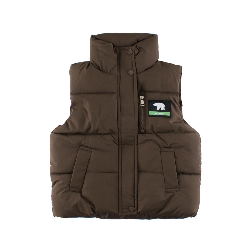 Stylish sleeveless single-breasted coat for kids in black, beige, and coffee colors, suitable for both boys and girls.
