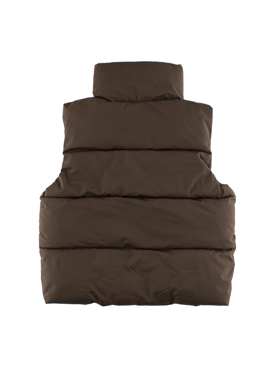 Stylish sleeveless single-breasted coat for kids in black, beige, and coffee colors, suitable for both boys and girls.