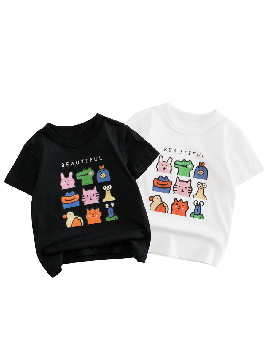 Summer Animals Cartoon Print Girls’ T-Shirt in white and black, made of soft cotton, featuring playful animal designs.