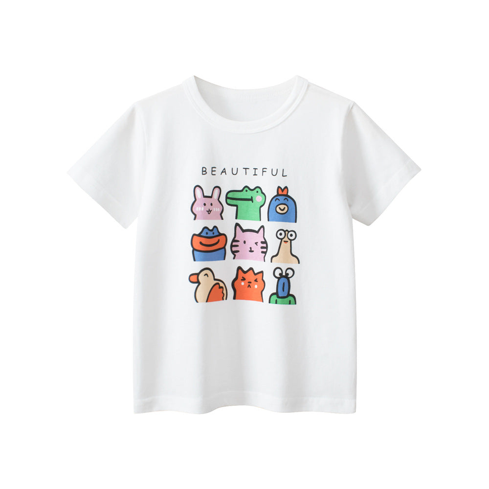 Summer Animals Cartoon Print Girls’ T-Shirt in white and black, made of soft cotton, featuring playful animal designs.