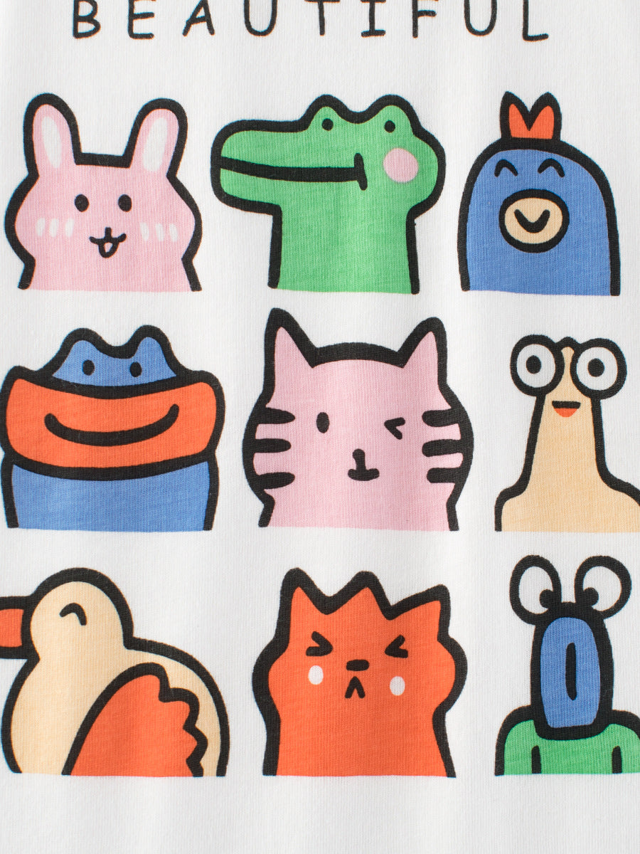 Summer Animals Cartoon Print Girls’ T-Shirt in white and black, made of soft cotton, featuring playful animal designs.