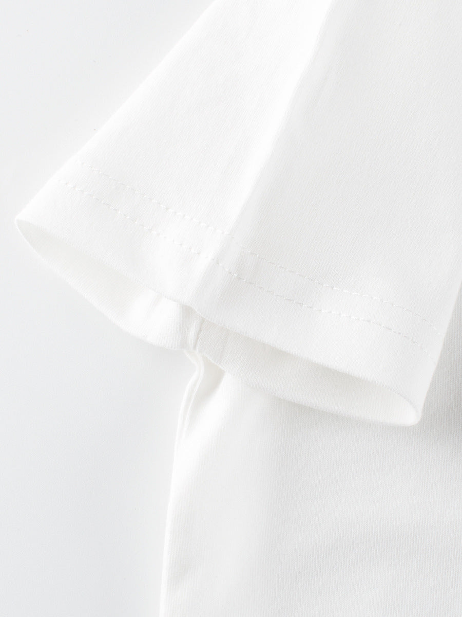 Summer Animals Cartoon Print Girls’ T-Shirt in white and black, made of soft cotton, featuring playful animal designs.