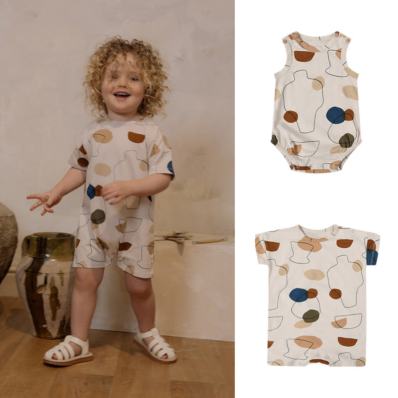 Summer Baby Boys and Girls Abstract Style Polka Dots Sleeveless Crew in beige and apricot colors, featuring a playful polka dot pattern.