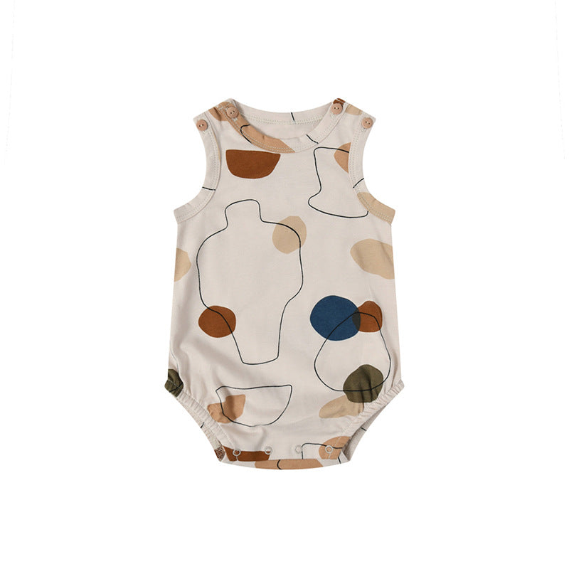 Summer Baby Boys and Girls Abstract Style Polka Dots Sleeveless Crew in beige and apricot colors, featuring a playful polka dot pattern.