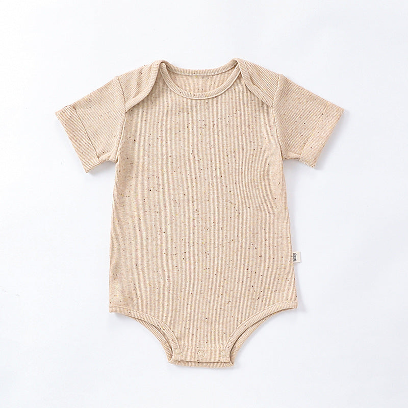 Summer Baby Boys and Girls Solid Color Crew Neck T-shirts in beige and apricot with short sleeves and dot pattern.