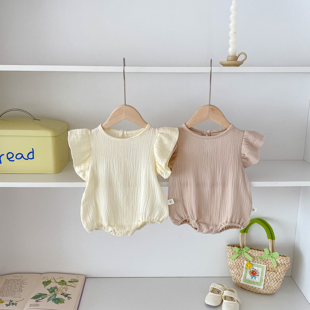 Summer Baby Girls Cotton Soft Thin Onesie with fly sleeves in beige and coffee colors, perfect for warm weather.
