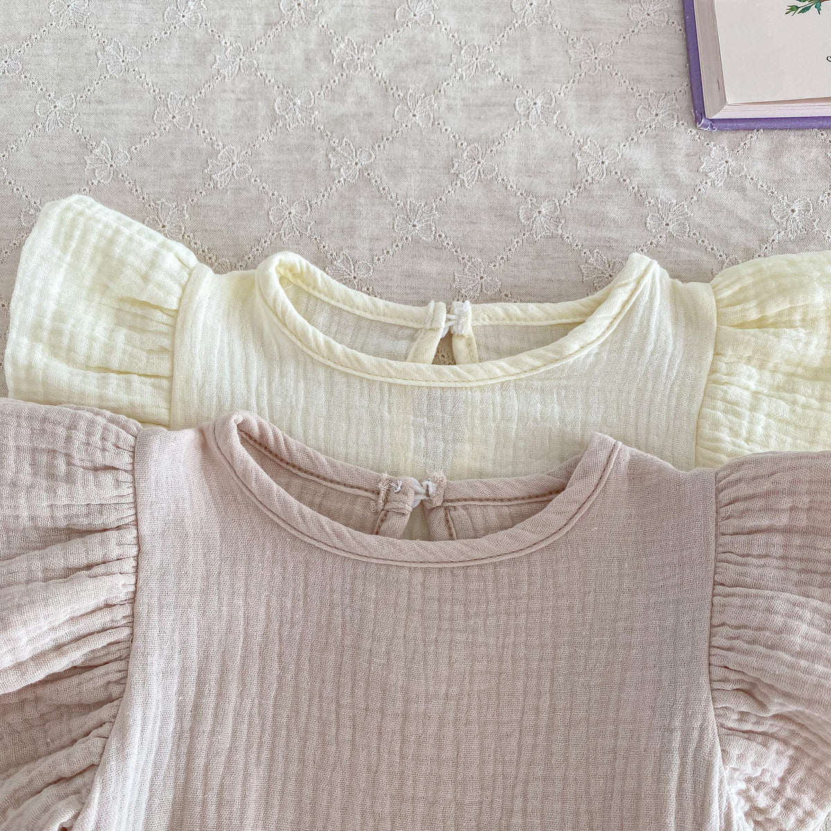 Summer Baby Girls Cotton Soft Thin Onesie with fly sleeves in beige and coffee colors, perfect for warm weather.