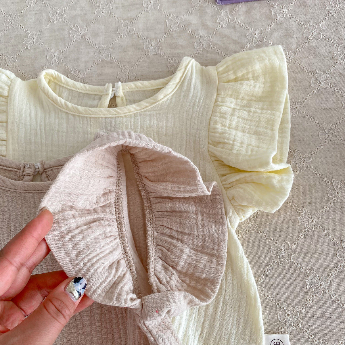 Summer Baby Girls Cotton Soft Thin Onesie with fly sleeves in beige and coffee colors, perfect for warm weather.