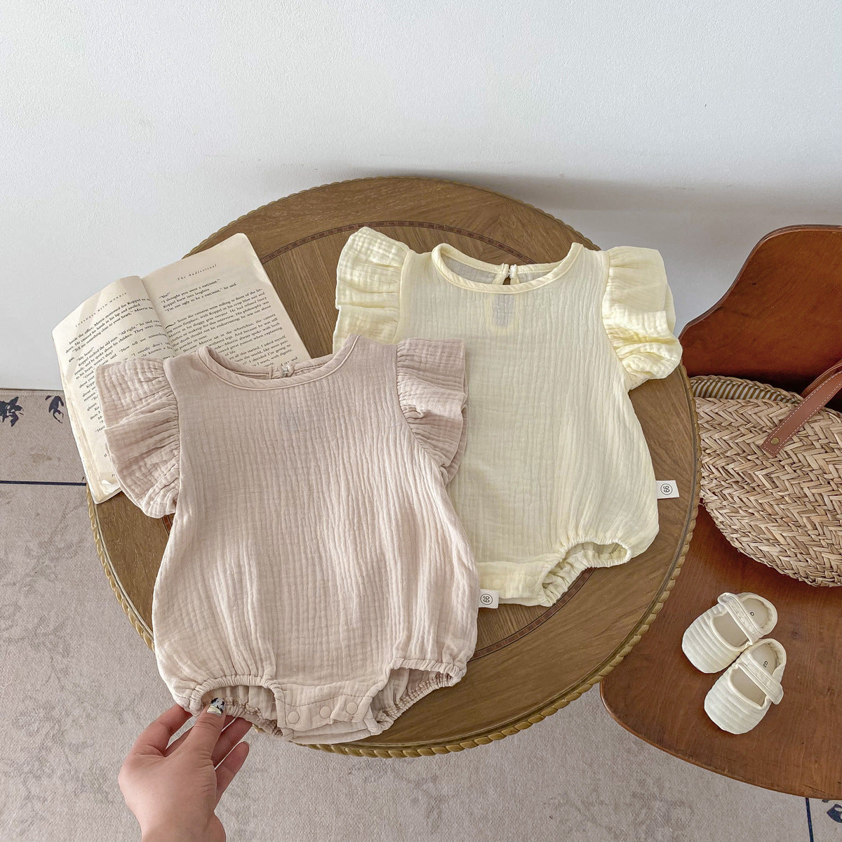 Summer Baby Girls Cotton Soft Thin Onesie with fly sleeves in beige and coffee colors, perfect for warm weather.