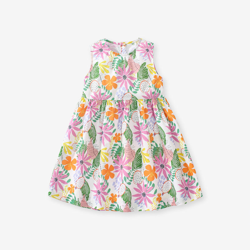 A beautiful summer dress for baby girls featuring a tropical floral print, sleeveless design, and made from soft cotton material.