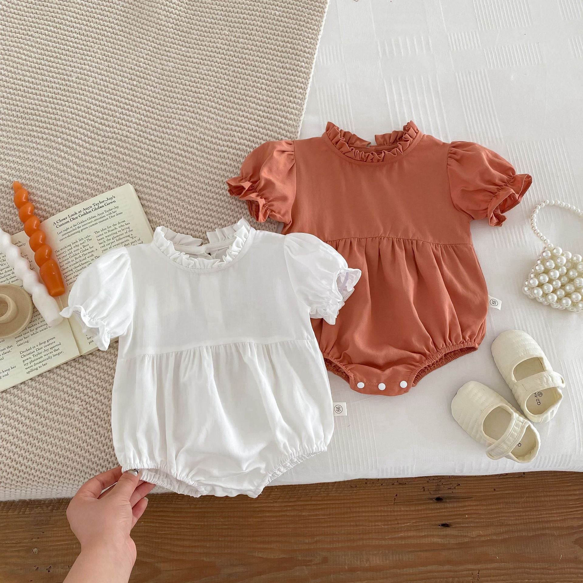 Summer Baby Girls Solid Color Plain Ruffle Neck Onesie in White and Red, showcasing soft fabric and ruffle neck design.