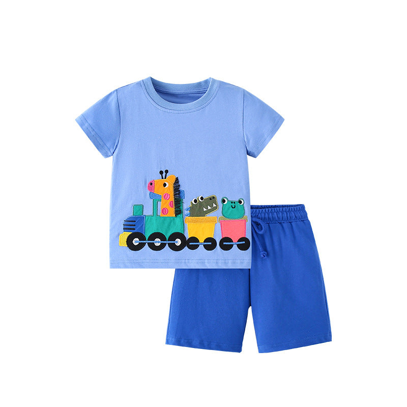 Summer Baby Kids Boys T-Shirt featuring cartoon animal patterns in vibrant blue color, made from soft cotton material.