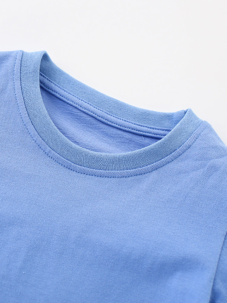 Summer Baby Kids Boys T-Shirt featuring cartoon animal patterns in vibrant blue color, made from soft cotton material.
