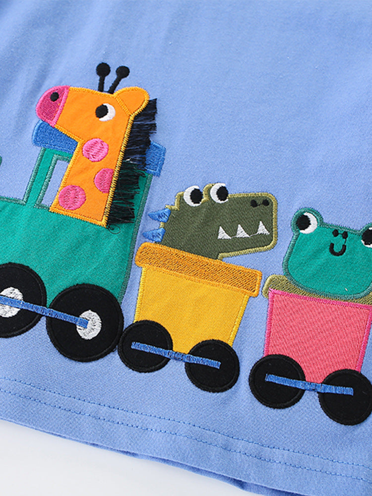 Summer Baby Kids Boys T-Shirt featuring cartoon animal patterns in vibrant blue color, made from soft cotton material.