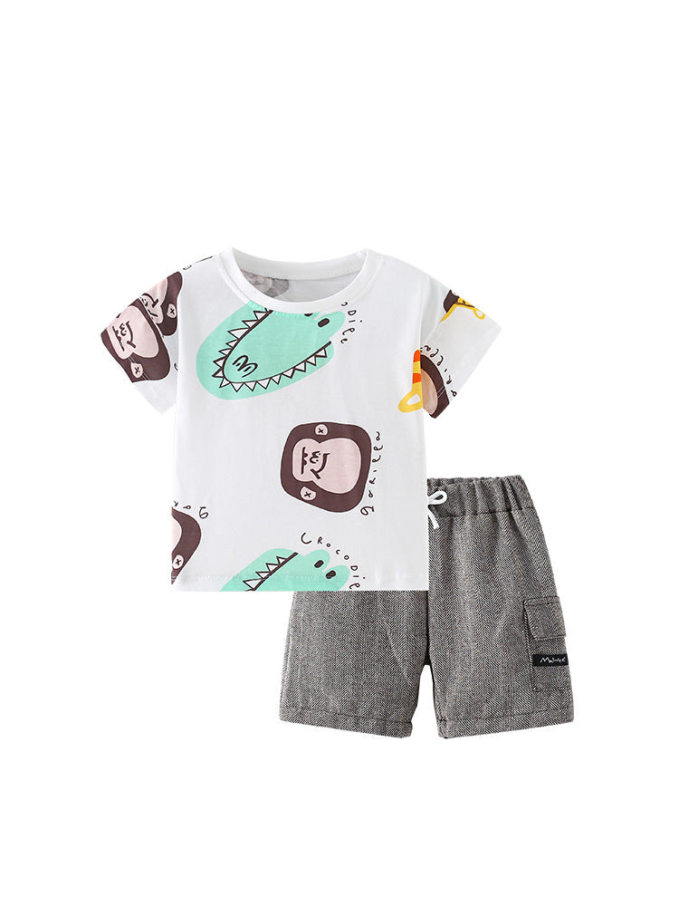 Summer Baby Kids Boys T-Shirt and Shorts set featuring cartoon animal print in black, made from soft cotton for comfort.