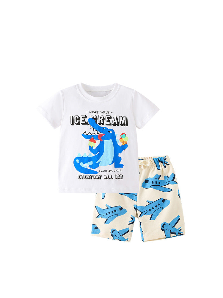 Summer Baby Kids Boys T-Shirt and Shorts set featuring a colorful animal cartoon print, made from soft cotton material, perfect for warm weather.